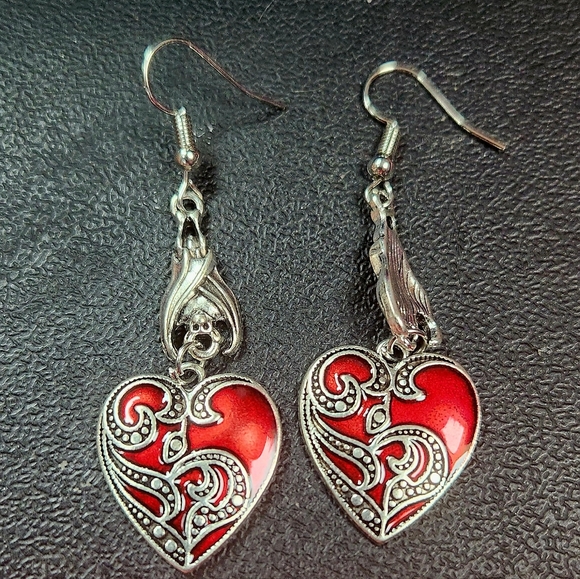 Heart Earrings Silver Enamel Drop Heart - Picture 3 of 8